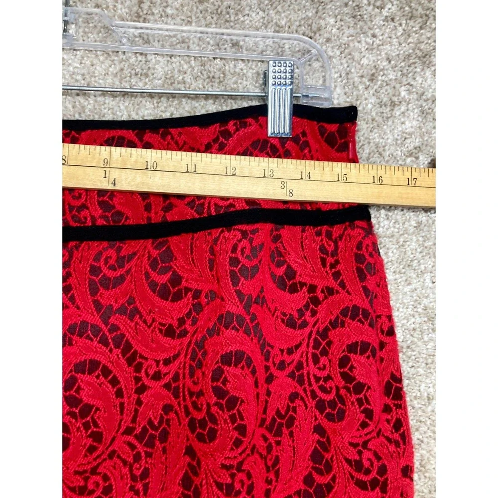 Magaschoni Lace Scroll Pencil Skirt Women 12 Red Black Dark Academia Office Chic